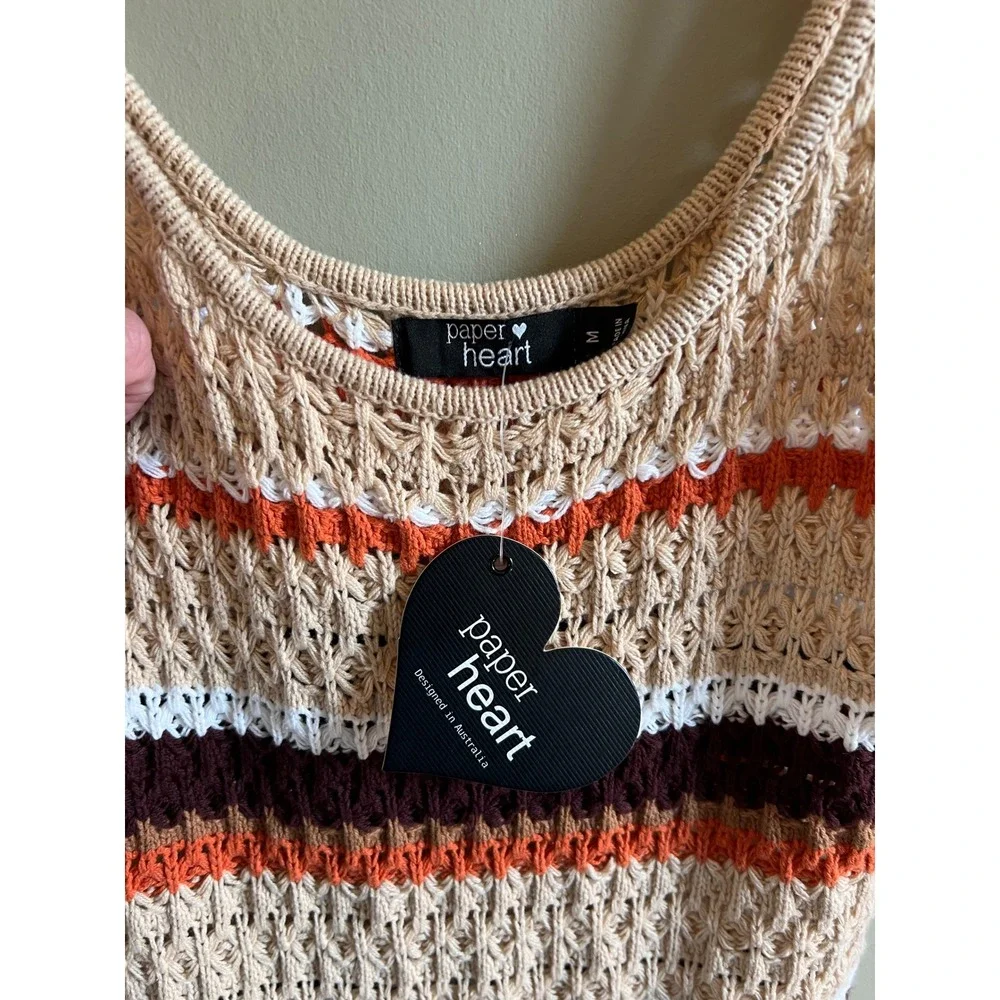 Paper Heart Crochet‎ Knit Striped Maxi Dress Tan Orange Brown Boho Sleeveless M